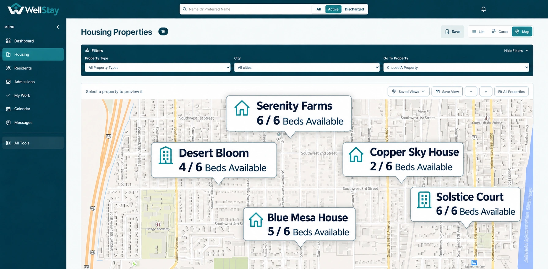 WellStay Housing Properties: property filters, saved map views and enlarged fictional property markers showing available beds. Example account: Alex Morgan.