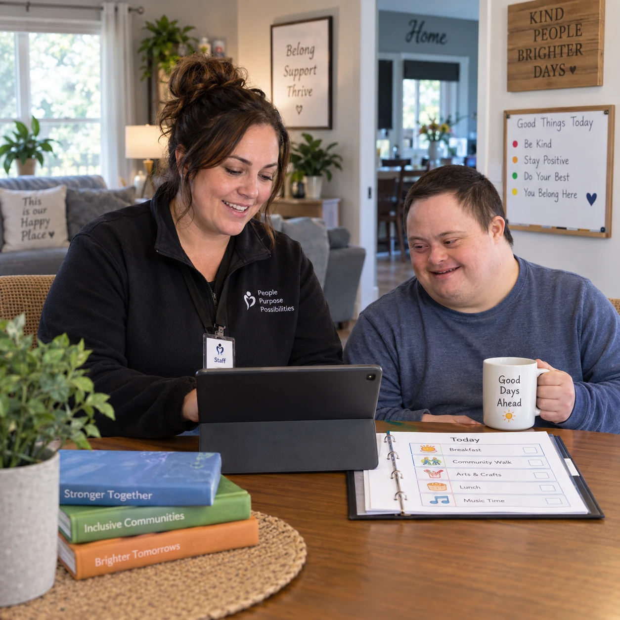 A staff member and resident reviewing a daily plan together